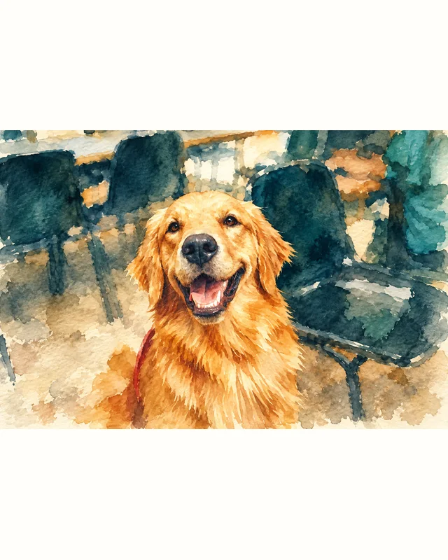 Golden retriever stock photograph transformed into a watercolor painting